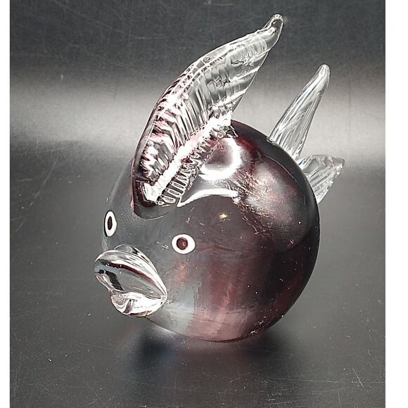 Heavy Hand Blown Glass Fat Fish Burgundy & Clear Paperweight Figurine – Unmarked - Picture 2 of 9